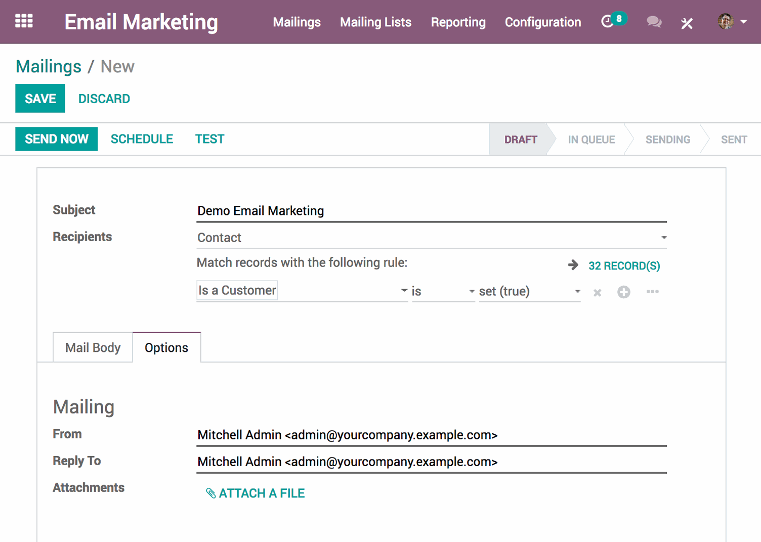 Odoo E-posta ile Pazarlama arayüzü - yeni bir posta listesi oluşturma