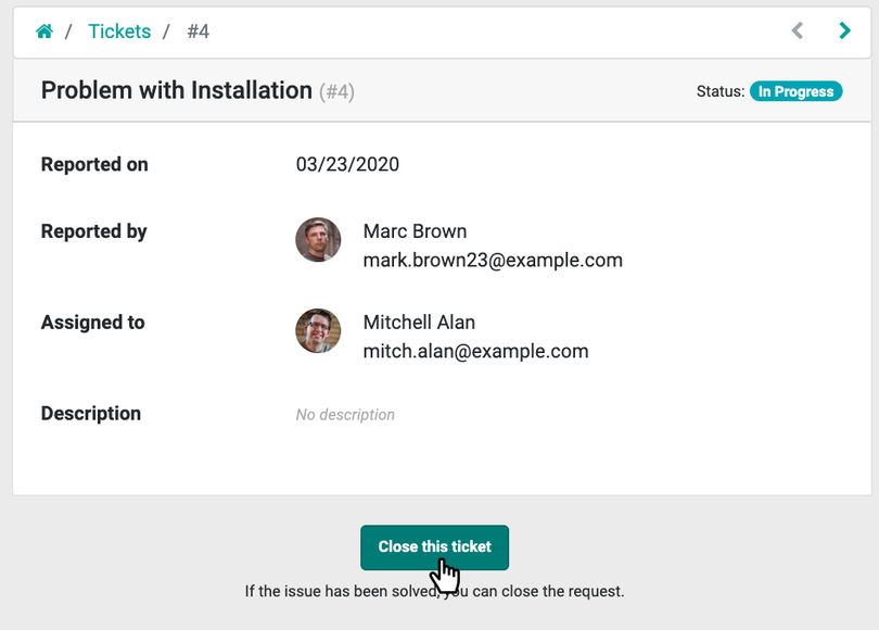 Odoo Helpdesk - uzavření tiketu