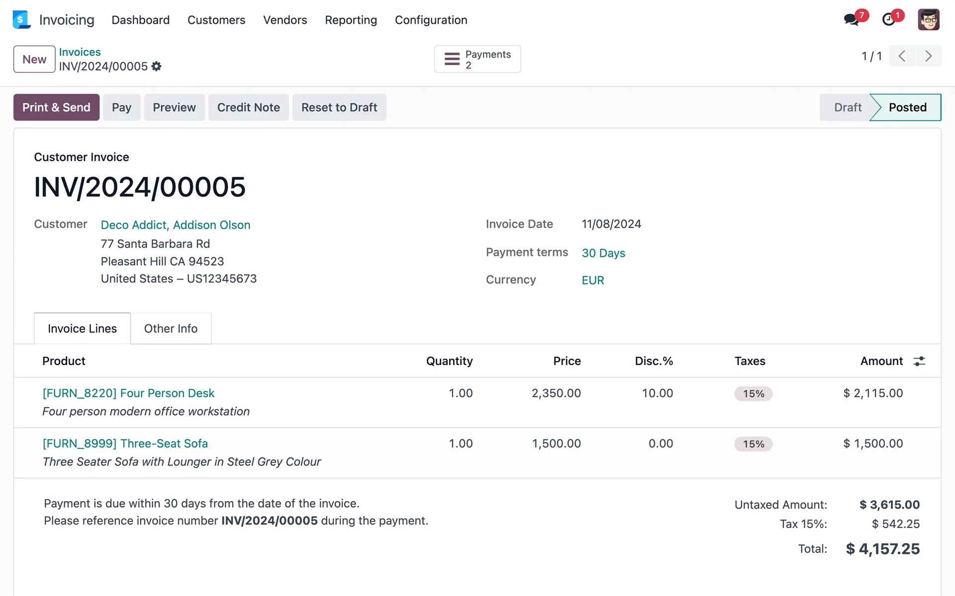 Інтерфейс виставлення рахунків Odoo
